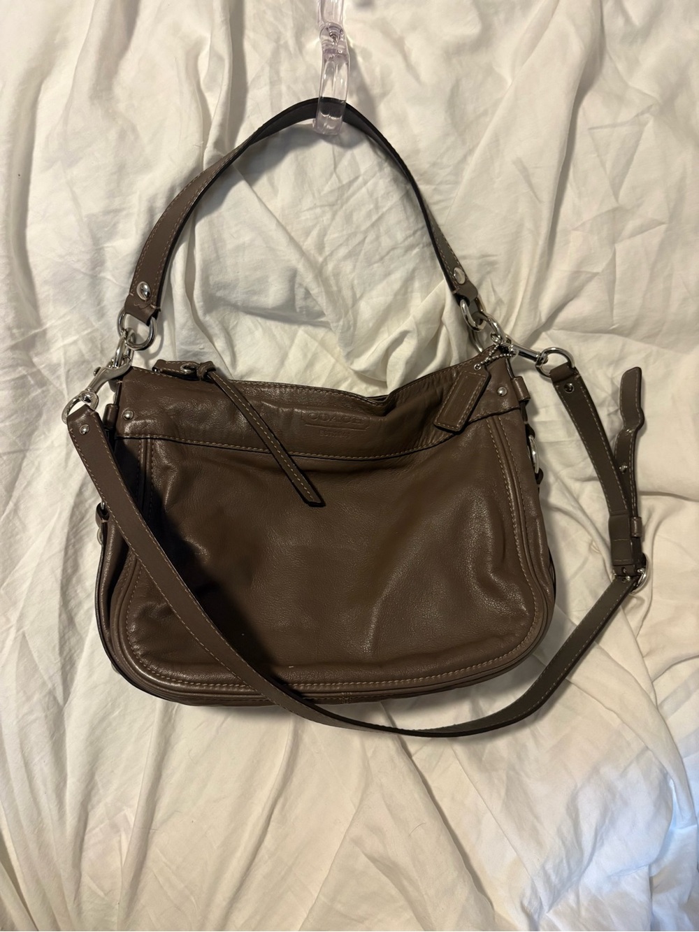 Y2K Coach Zoe, Two Way Hobo Leather Bag, Taupe Grey. Silver Hardware